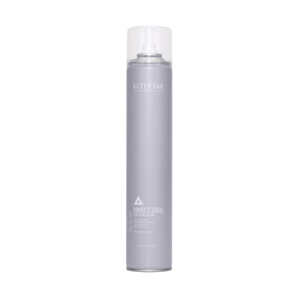Voluxious Hairspray canister by Alter3go, designed for big body, elasticity, and quick-drying hold for styled hair.