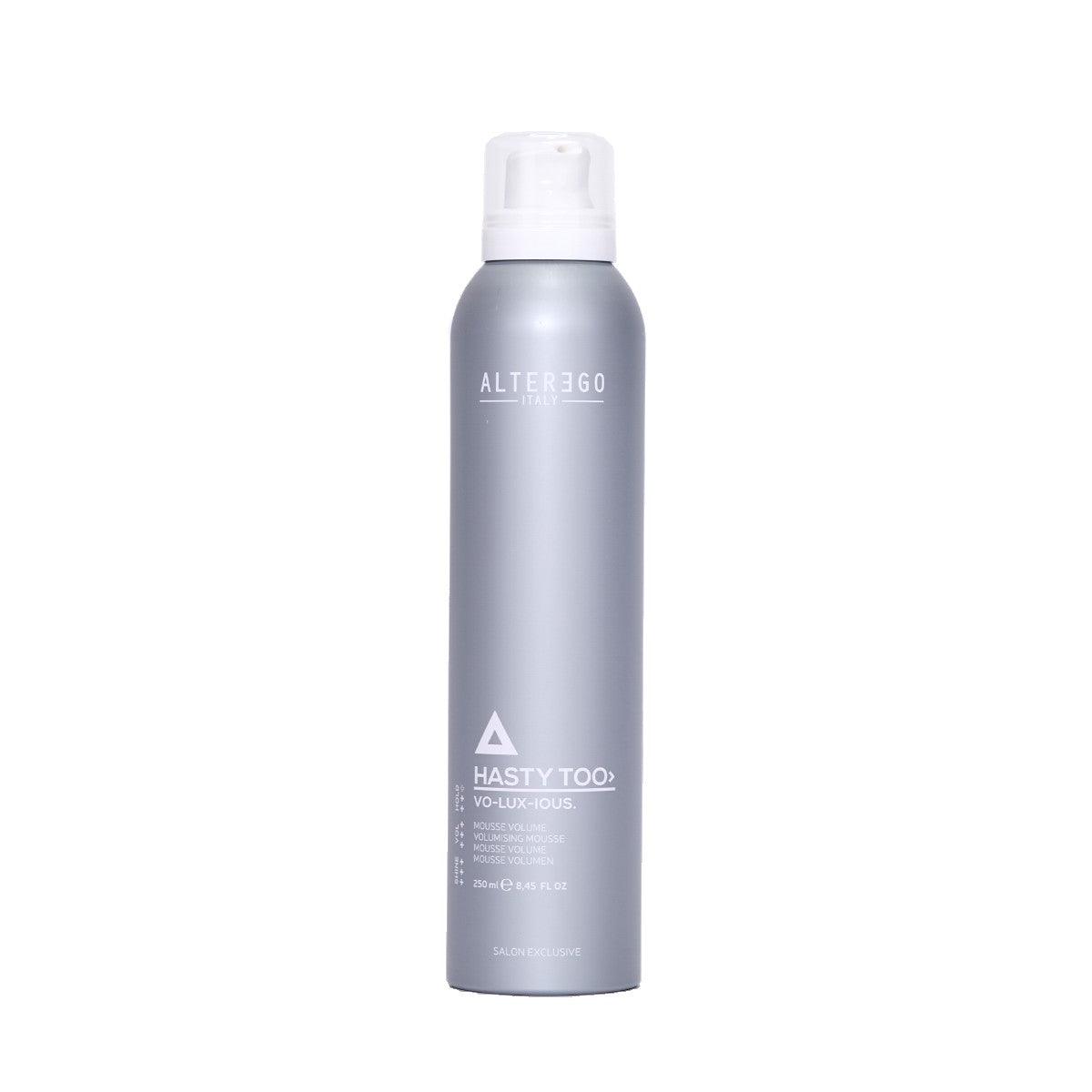 Voluxious Mousse by Alter Ego in a silver can, providing medium hold and body for soft, brushable hair.