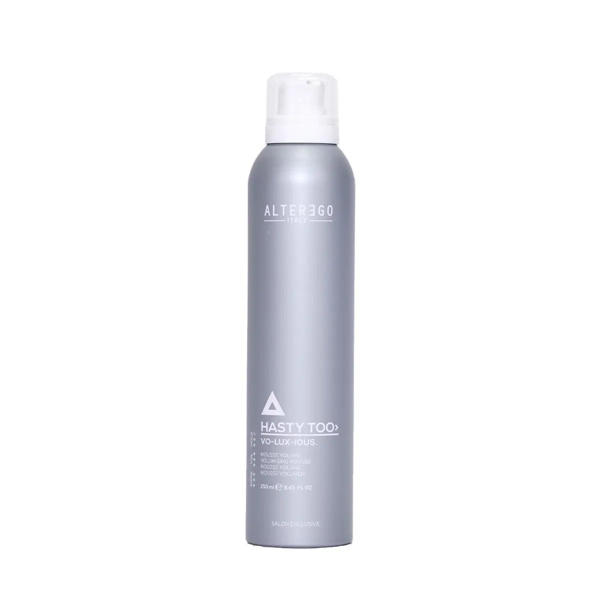 Voluxious Mousse by Alter Ego in a sleek silver canister for medium hold and restoring body to hair.