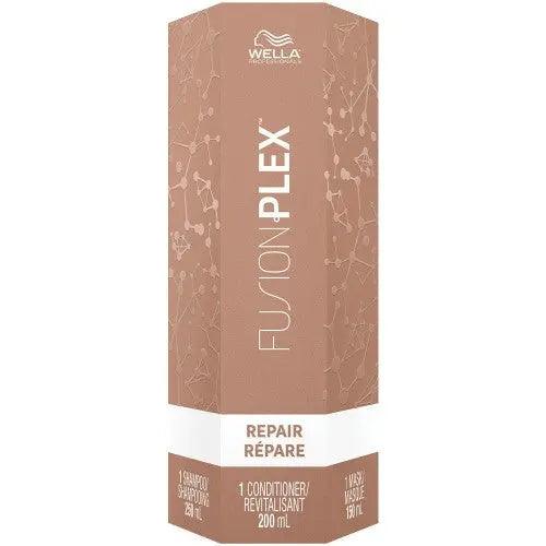 Wella Fusionplex Repair Holiday Trio gift set featuring shampoo and conditioner for damaged hair repair.