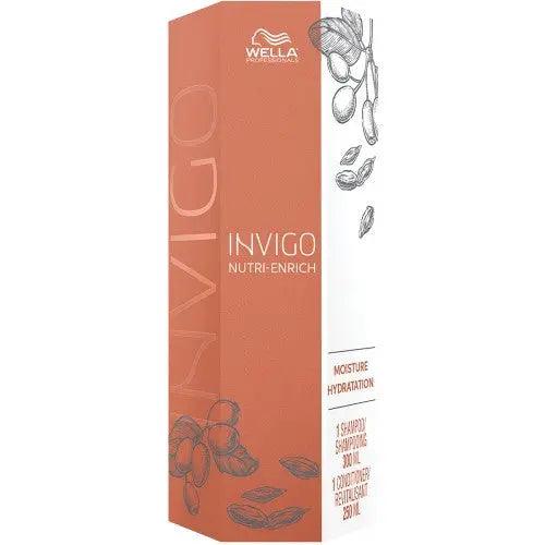 Wella Invigo Nutri-Enrich Duo packaging for moisture and hydration, featuring shampoo and conditioner for dry hair care.