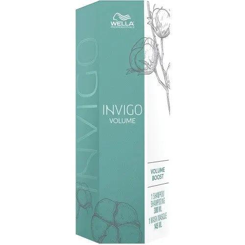 Wella Invigo Volume Boost Holiday Duo packaging with lightweight formulas for voluminous hair.