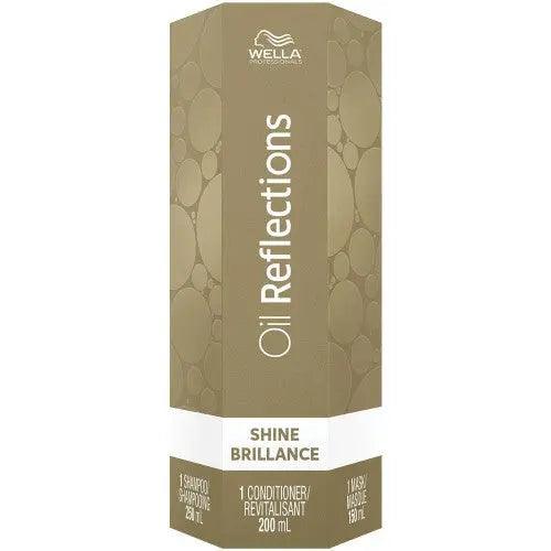Wella Oil Reflections Shine Brilliance conditioner and shampoo packaging on a white background.