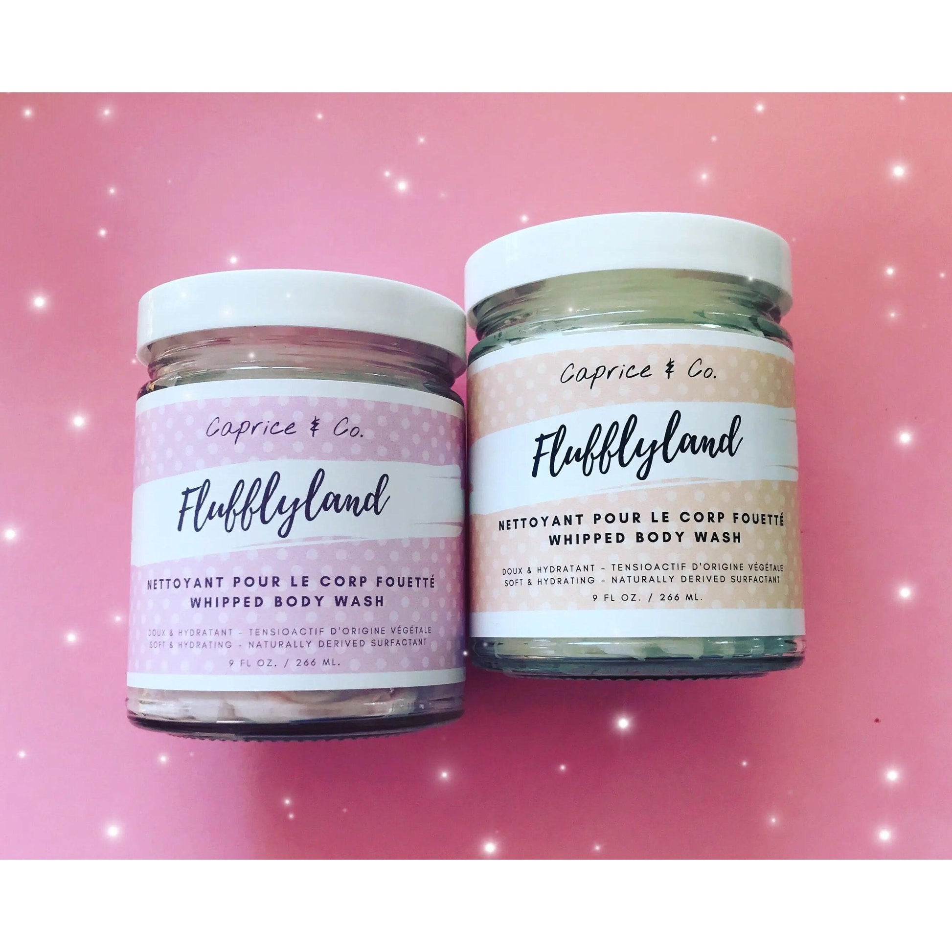 Two jars of Flufflyland Whipped Body Wash by Caprice & Co, showcasing natural ingredients and soothing properties.