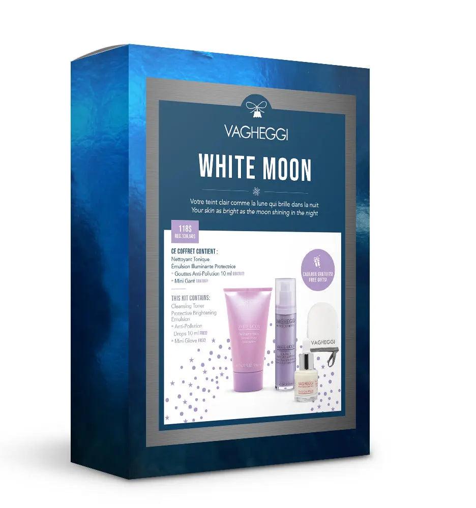 White Moon Christmas Gift Set featuring cleansing toner, brightening emulsion, anti-pollution drops, and mini glove.