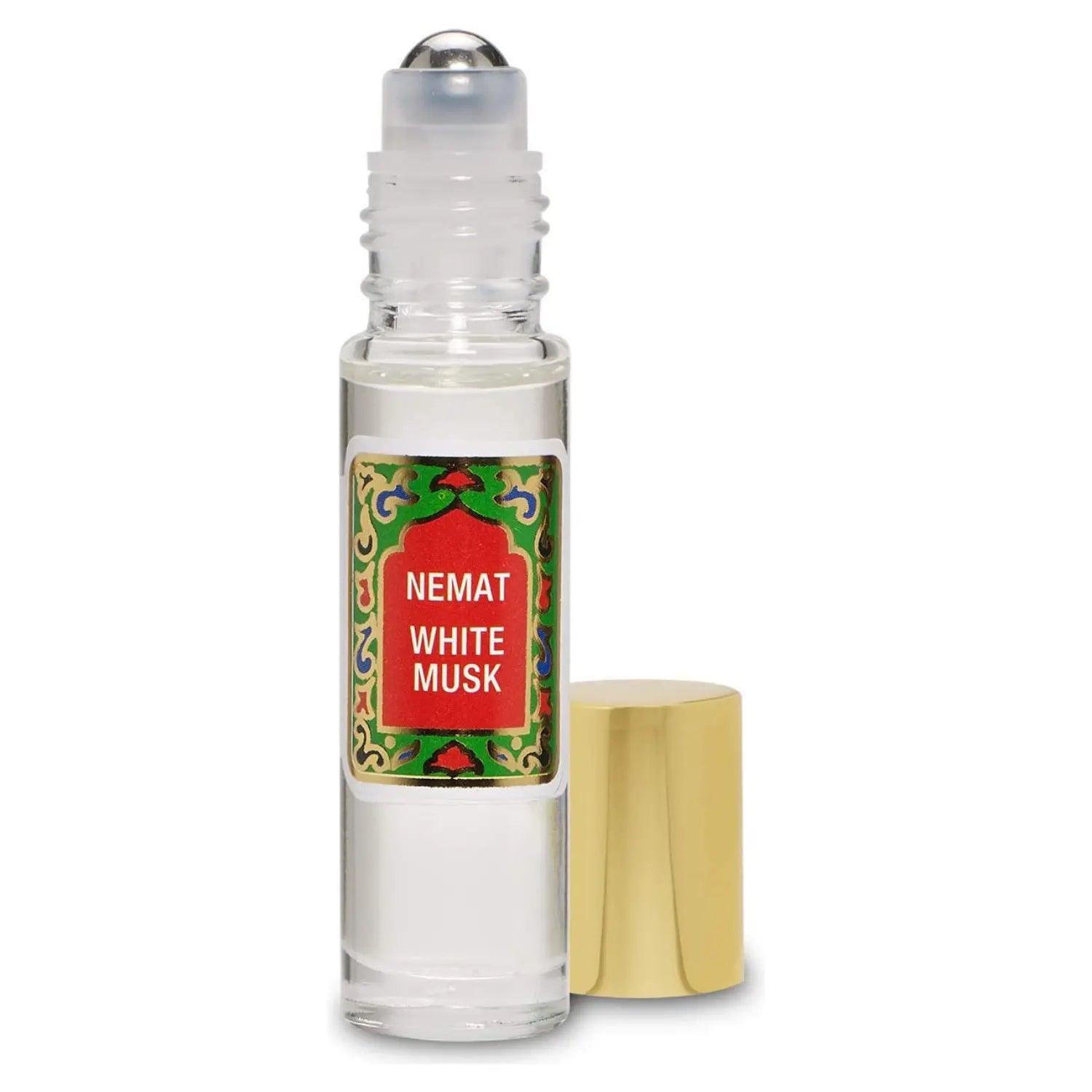 Nemat White Musk roll-on perfume in a clear bottle with colorful label and gold cap, 10 ml size for easy application.