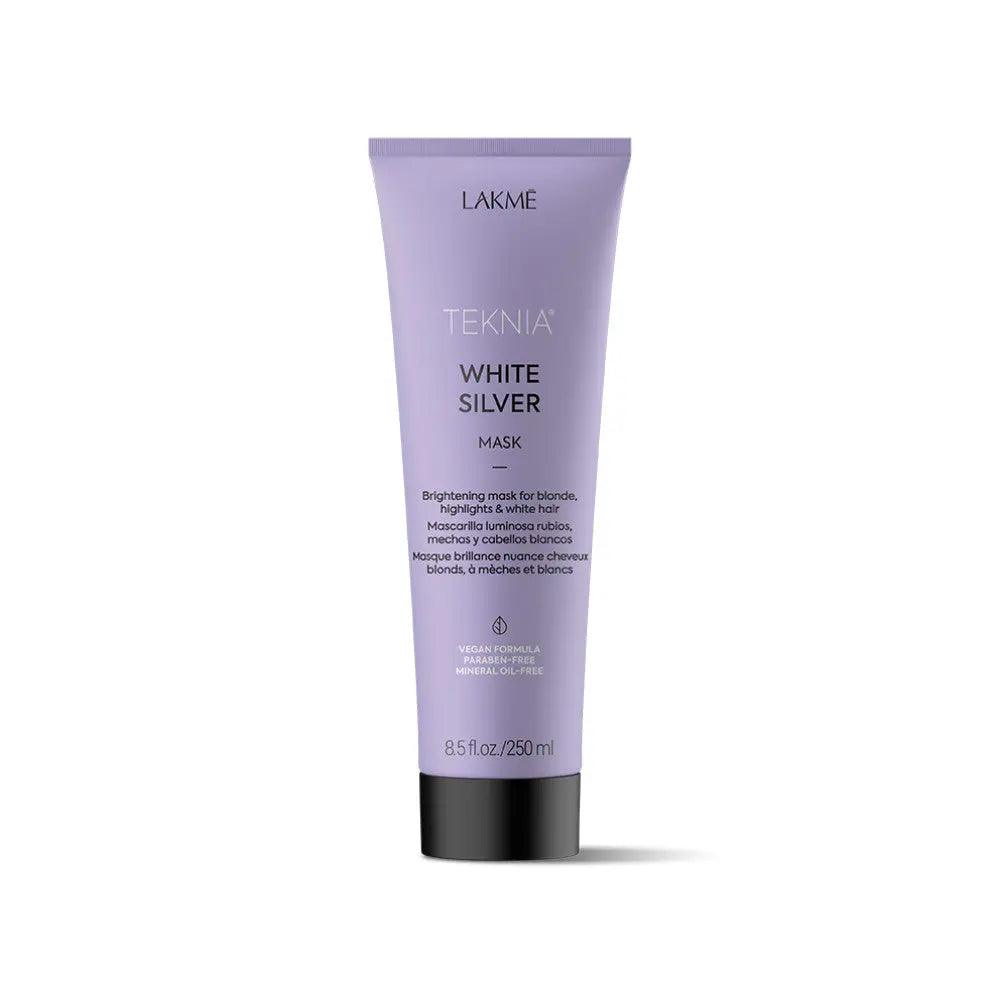 LAKME Teknia White Silver Mask for blonde hair repair and shine with floral and citrus fragrance, vegan and paraben-free formula.