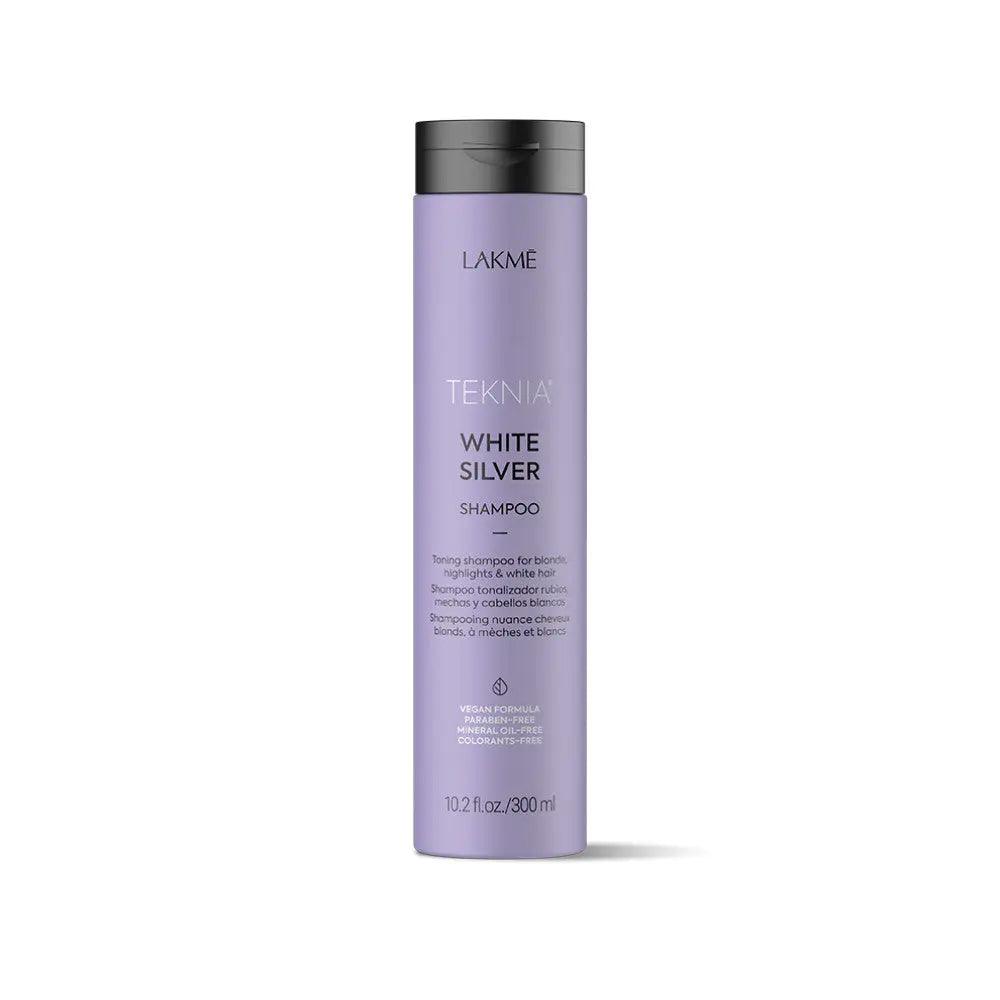Lakme Teknia White Silver Shampoo, 300ml, eliminates yellow tones in white hair, moisturizes and enhances shine.