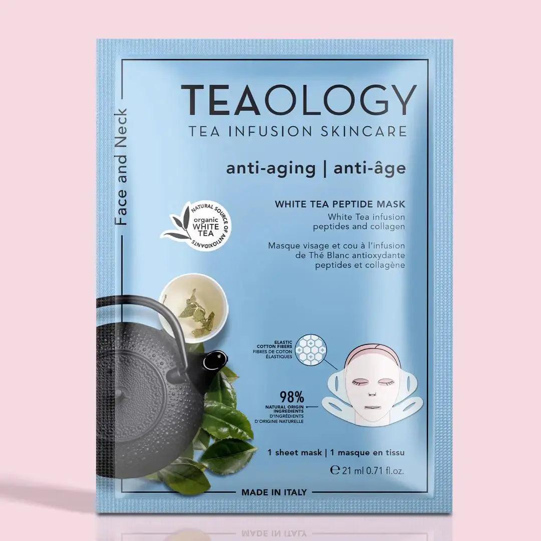 Teaology White Tea Peptide Anti-aging Sheet Mask packaging with infusions and skincare benefits. Ideal for reducing wrinkles.