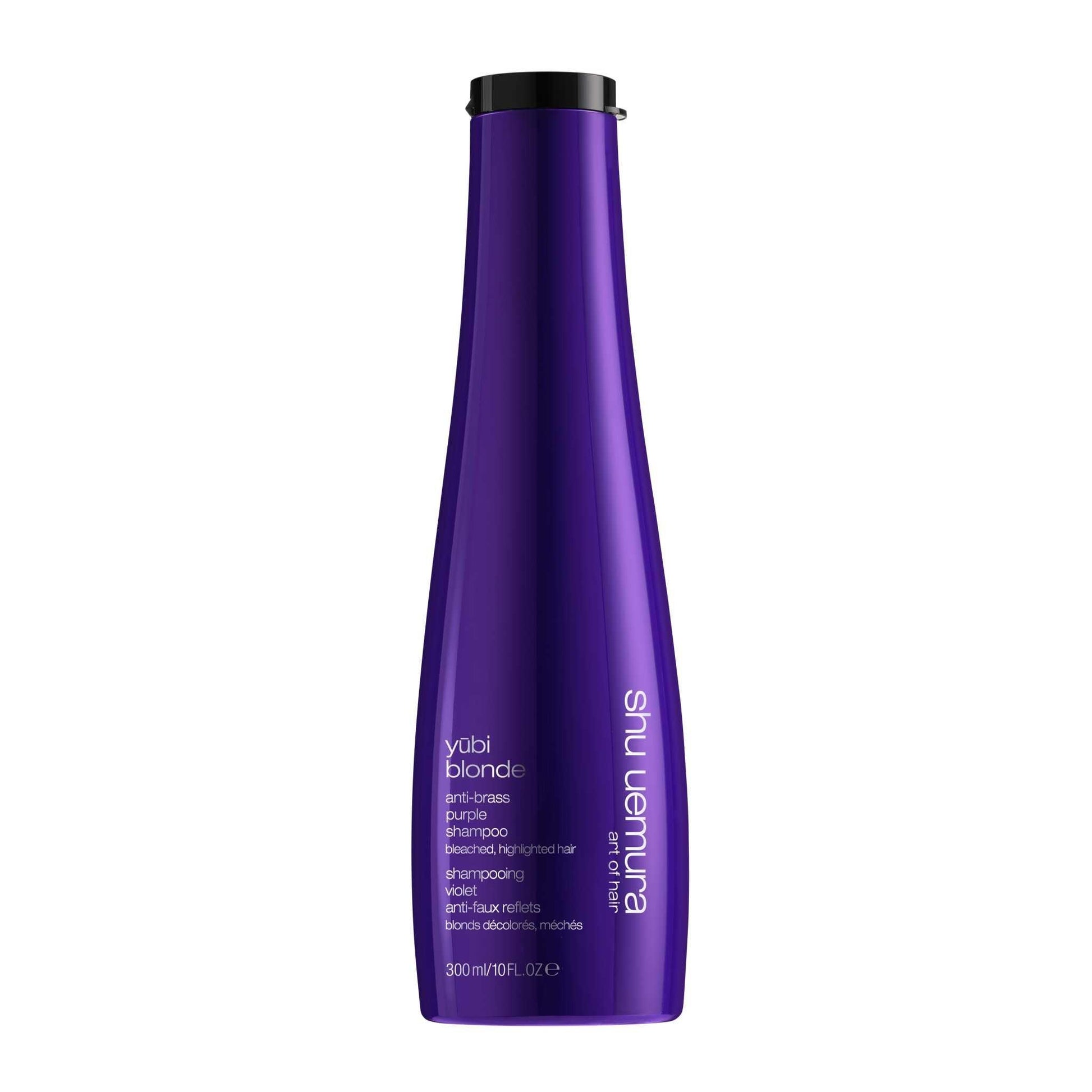 Yūbi Blonde Anti Brass Purple Shampoo by Shu Uemura in a sleek purple bottle for blonde hair care.