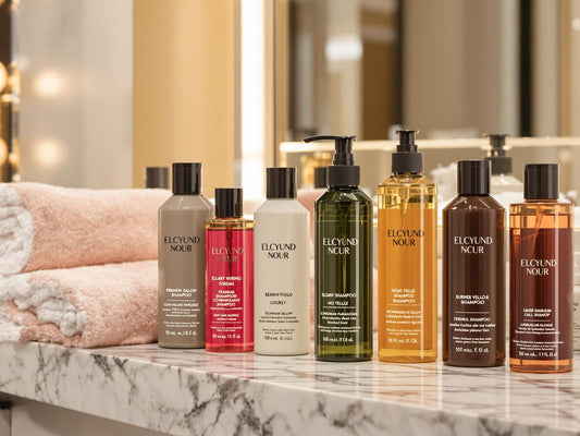 Elegant display of premium shampoos in a salon.