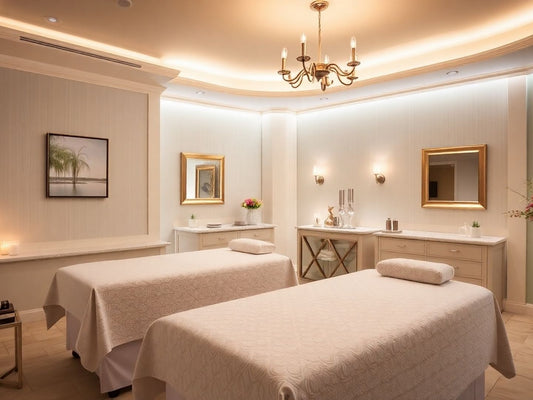 Elegant spa treatment room with soothing decor and lighting.