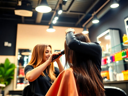 Stylish salon with a hairdresser working on a client.