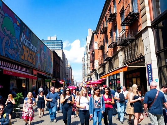 A colorful Montreal street filled with art and people.