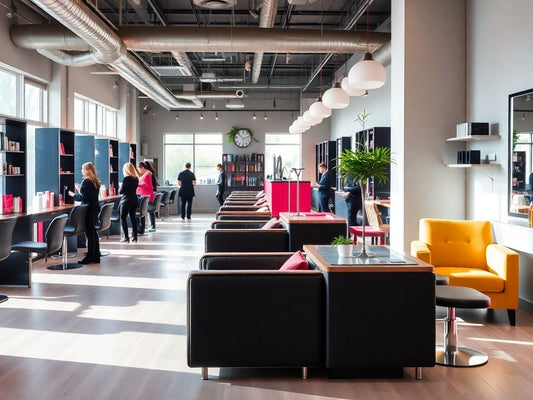 Modern salon interior with hairstylists and bright decor.