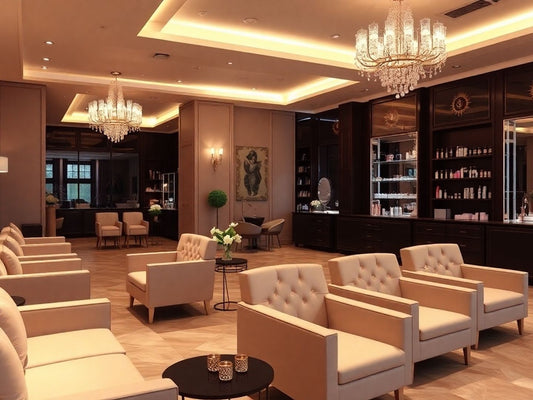 Elegant luxury salon interior with plush seating and decor.