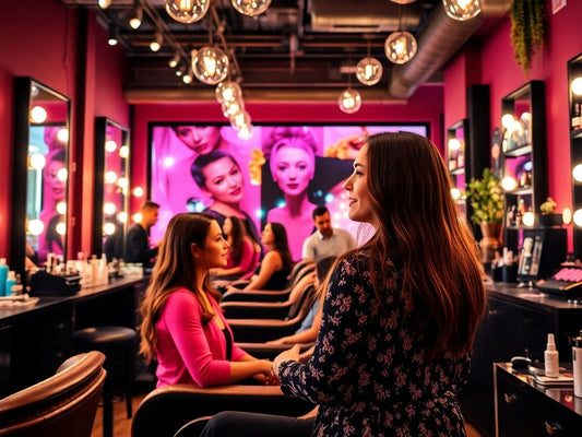 Claudia Iacono in a vibrant salon surrounded by beauty tools.