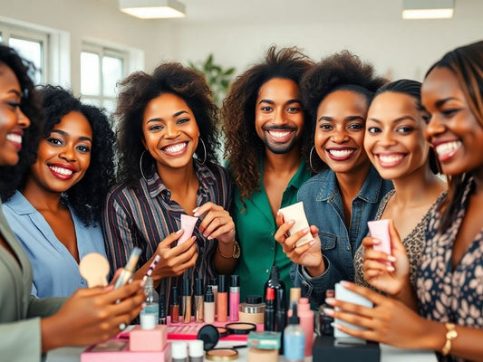 Diverse beauty entrepreneurs collaborating in a bright workspace.