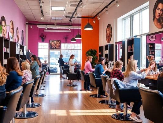 Bright salon interior with modern decor and happy clients.