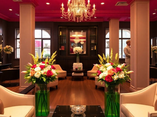 Elegant salon interior with floral arrangements and warm lighting.