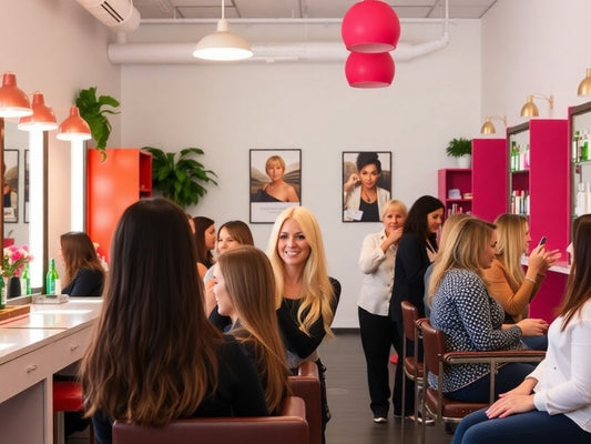 Claudia Iacono with clients in a lively salon environment.