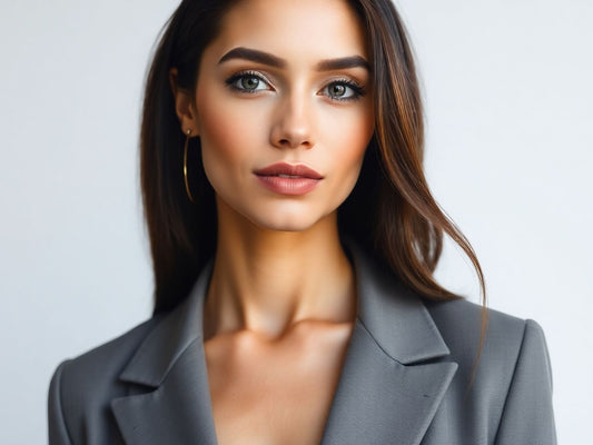 Stylish woman in minimalist fashion against a neutral background.