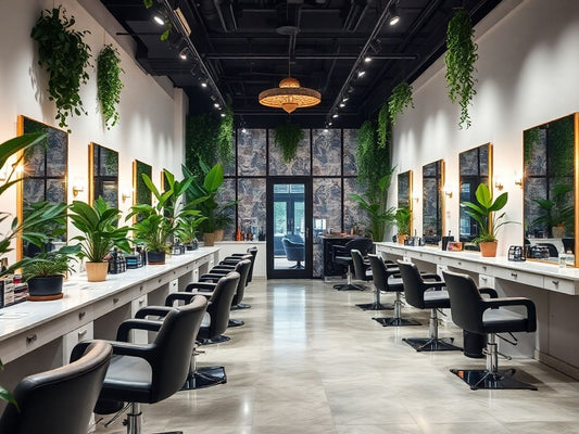 Elegant salon interior with stylish hairdressing stations and plants.