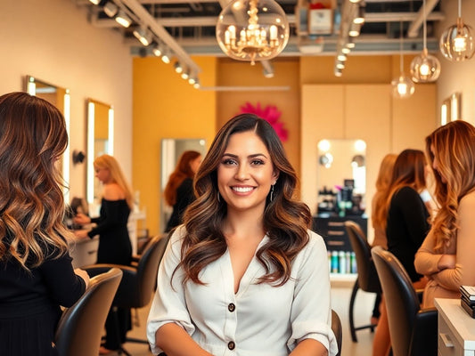 Claudia Iacono styling hair in a chic salon.