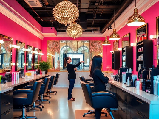 Stylish salon interior with a client and stylist.