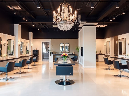 Elegant salon interior with stylish hair stations and decor.