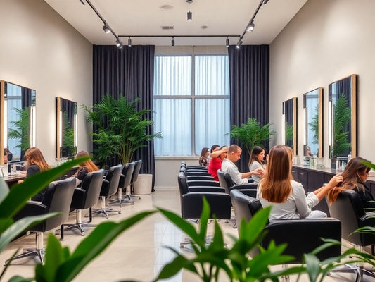 Elegant salon interior with clients receiving hair treatments.