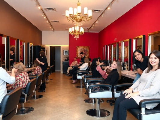 Stylish salon interior with happy clients and stylists.