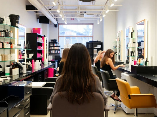 Hair salon in Montreal with a stylist and client.