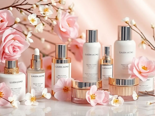 Elegantly arranged luxury beauty products and flowers.