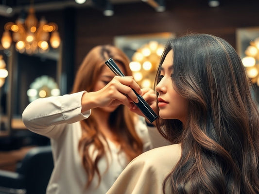 Hair stylist working on a client's luxurious, shiny hair.