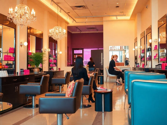 Elegant salon interior with stylish decor and beauty products.