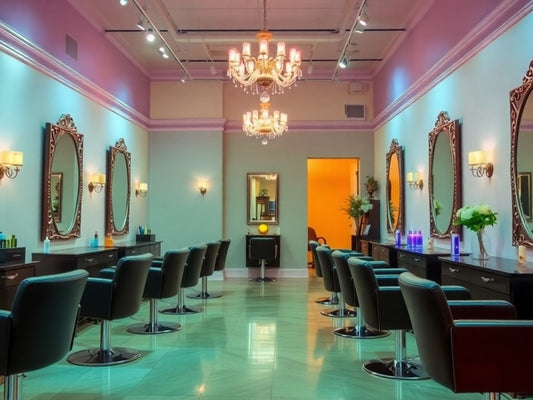 Elegant salon interior with stylish decor and warm lighting.