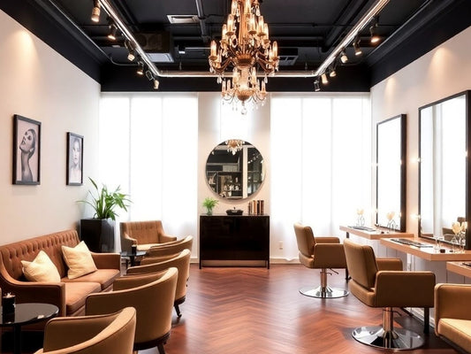 Elegant salon interior with stylish decor and lighting.