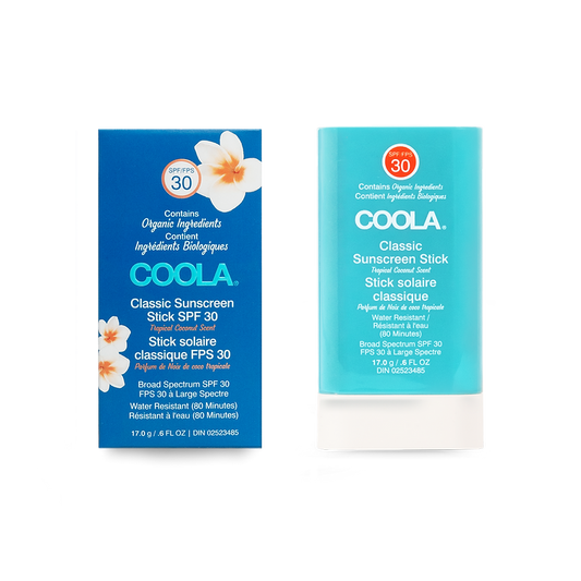 Classic Organic Sunscreen Stick SPF 30 in Tropical Coconut scent, offering portable UVA/UVB protection.