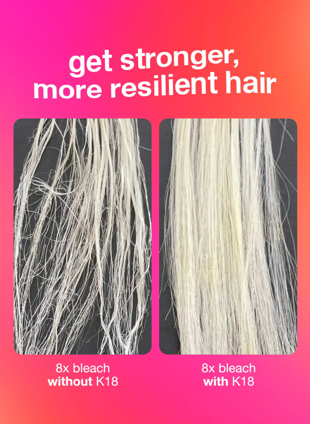 Comparison of hair after 8x bleach treatment, showing damage without K18 and healthier strands with K18 peptide treatment.