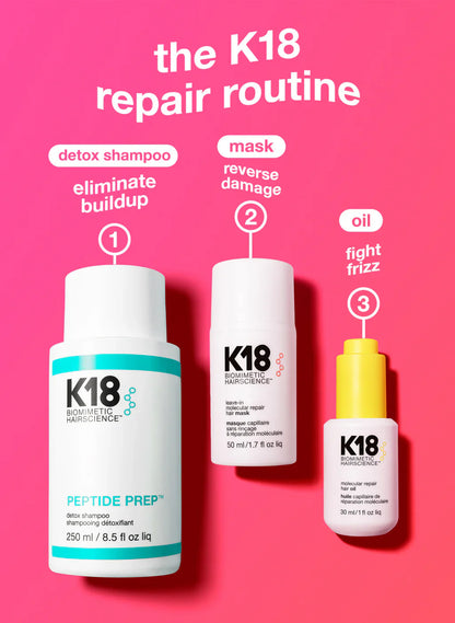 K18 repair routine featuring detox shampoo, leave-in mask, and oil to eliminate buildup, reverse damage, and fight frizz.