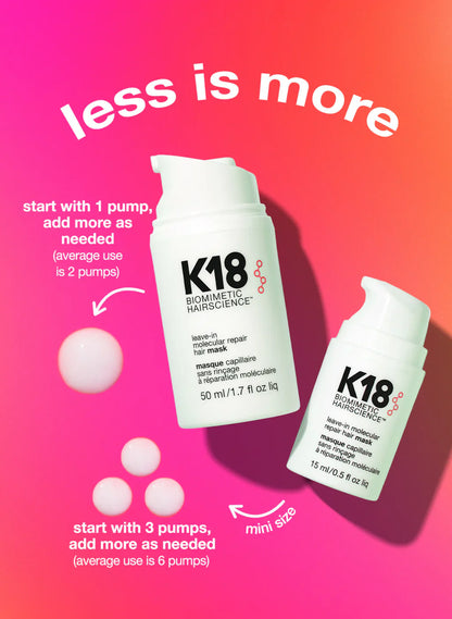 K18 Molecular Repair Leave-in Mask bottles with usage instructions on colorful background showcasing hair care essentials.