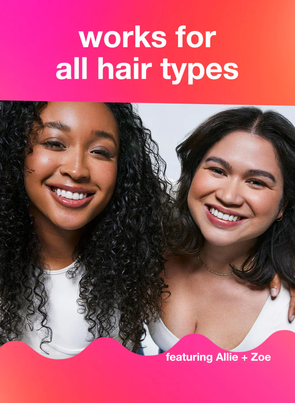 Two women smiling, promoting a leave-in mask that works for all hair types.