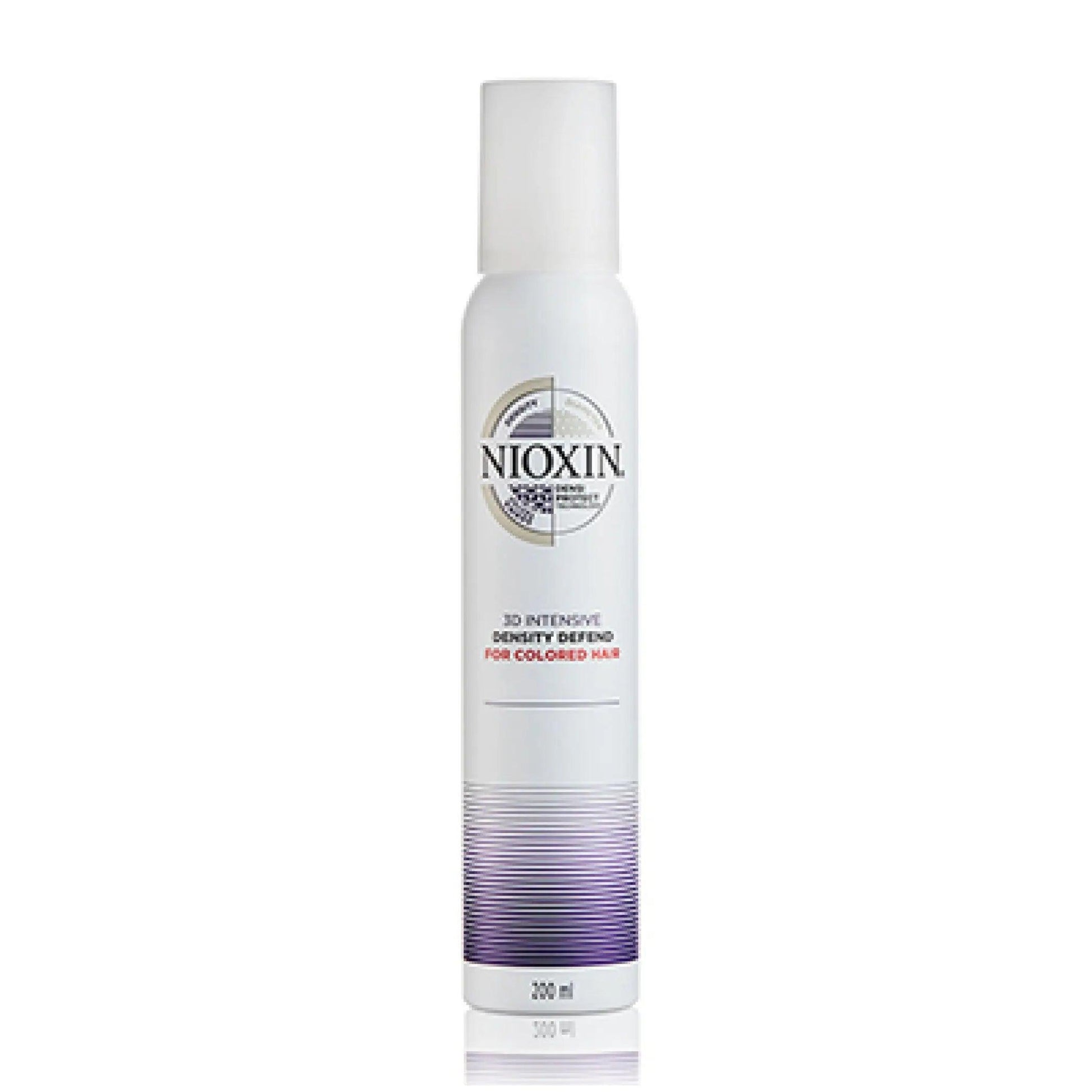 Nioxin 3D Intensive Care Density Defend leave-in foam for colored hair, 200ml bottle, reduces hair breakage and enhances vibrancy.