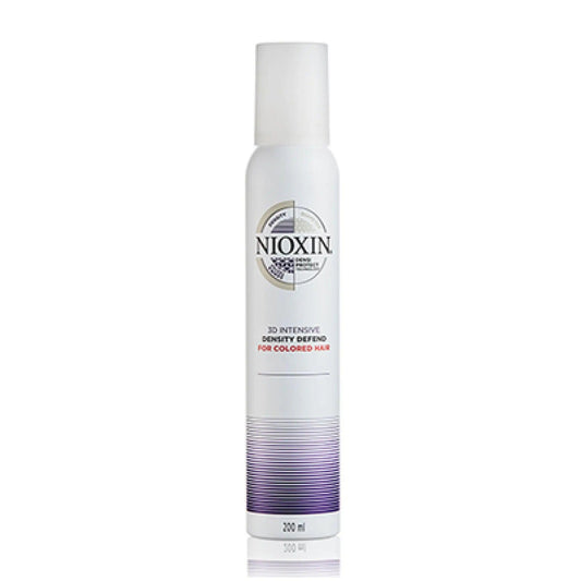 Nioxin 3D Intensive Care Density Defend leave-in foam for colored hair, 200ml bottle, reduces hair breakage and enhances vibrancy.
