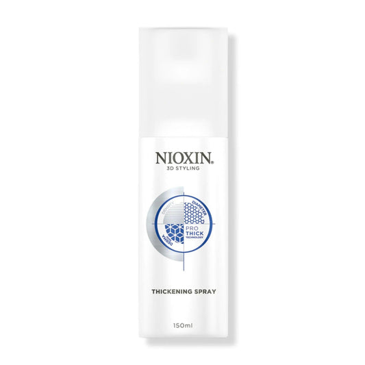 Nioxin 3D Styling Thickening Spray bottle for texture and volume, 150ml, enhances hair manageability and fullness.