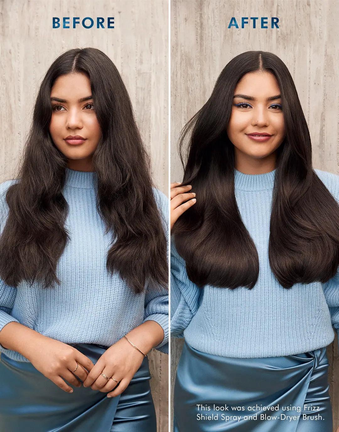 Before and after image showcasing smooth, frizz-free hair achieved with the 4-in-1 Blow-Dryer Brush and Frizz Shield Spray.