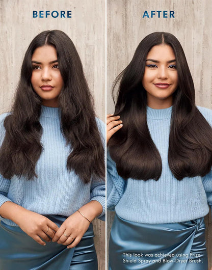 Before and after image showcasing smooth, frizz-free hair achieved with the 4-in-1 Blow-Dryer Brush and Frizz Shield Spray.