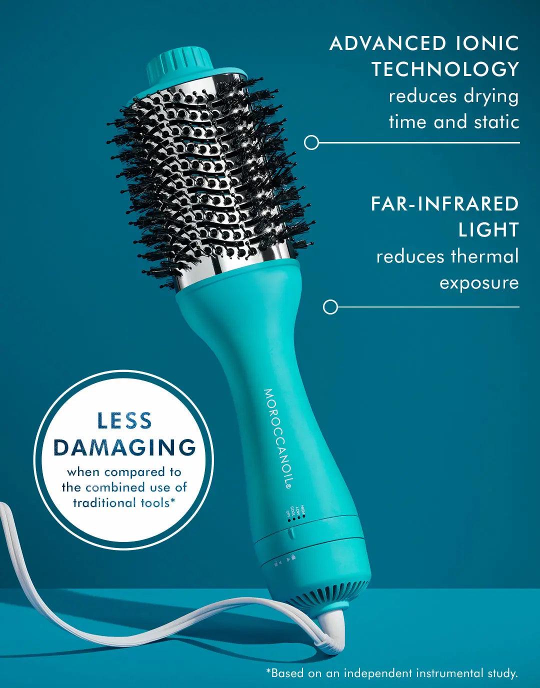 4-in-1 blow-dryer brush showcasing advanced ionic technology and far-infrared light for reduced drying time and damage.