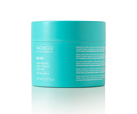 Balance Spongy Mask by Vagheggi in a teal jar, designed to absorb excess sebum and invigorate the skin.